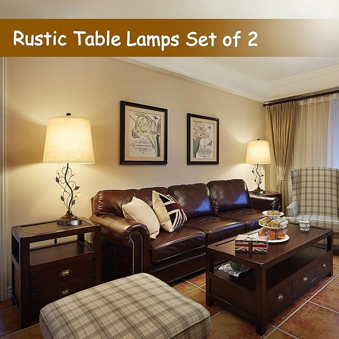 24.5in Farmhouse Table Lamps for Living Room Set of 2, Rustic Lamps for Bedroom with 2 USB Charging Ports, Traditional Bedside Lamps for Nightstand Retro Vine Leaf Lamps for End Table Reading - LeafyLoom