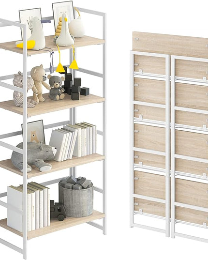 No-Assembly Folding Bookshelf Storage Shelves 4 Tiers Vintage Multifunctional Plant Flower Stand Storage Rack Shelves Bookcase for Home Office (White) - LeafyLoom