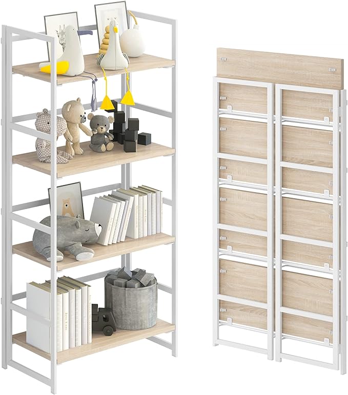 No-Assembly Folding Bookshelf Storage Shelves 4 Tiers Vintage Multifunctional Plant Flower Stand Storage Rack Shelves Bookcase for Home Office (White) - LeafyLoom