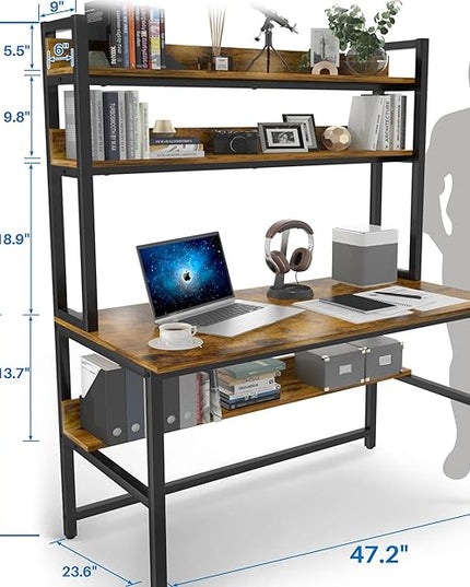 Aquzee Computer Desk with Hutch & Shelves, 47in Wide Desk with Bookshelf, 47“W x 23.6“D x 65“H Tall Home Office Desk, Metal Legs Study Table with Upper Storage Shelf for Study Writing/Workstation - LeafyLoom