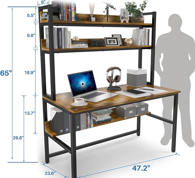 Aquzee Computer Desk with Hutch & Shelves, 47in Wide Desk with Bookshelf, 47“W x 23.6“D x 65“H Tall Home Office Desk, Metal Legs Study Table with Upper Storage Shelf for Study Writing/Workstation - LeafyLoom
