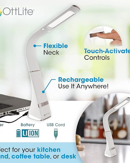 OttLite Recharge LED Desk Lamp with ClearSun LED Technology - Portable, Dimmable & Flexible Gooseneck - Travel-Friendly Task Lamp with Rechargeable Battery - for Home, Reading, Office & College Dorms - LeafyLoom