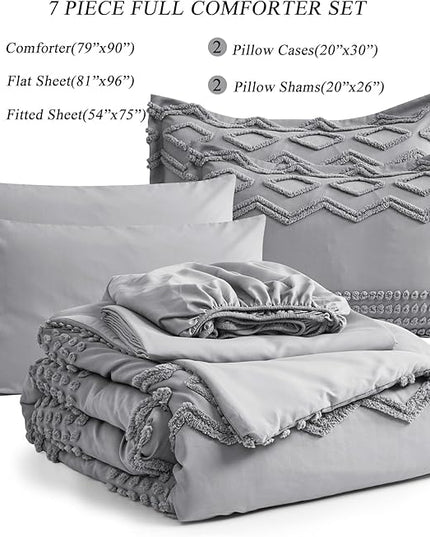 KAKIJUMN Grey Tufted Comforter Set Full Size 7 Piece Bed in a Bag, Shabby Chic Boho Comforter and Sheet Set, Pom Pom Textured Bed Set, All Season Soft Microfiber Complete Bedding Set(Grey,Full) - LeafyLoom