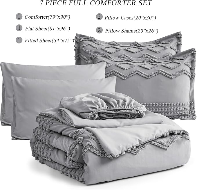 KAKIJUMN Grey Tufted Comforter Set Full Size 7 Piece Bed in a Bag, Shabby Chic Boho Comforter and Sheet Set, Pom Pom Textured Bed Set, All Season Soft Microfiber Complete Bedding Set(Grey,Full) - LeafyLoom