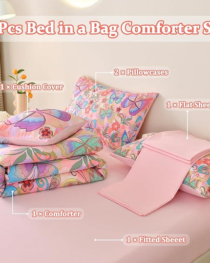 Butterfly Bedding Set Full, Pink Butterfly Comforter Set for Girls Kids Teens 6 pcs Bed in a Bag Full Bedding Sets for Girls - LeafyLoom