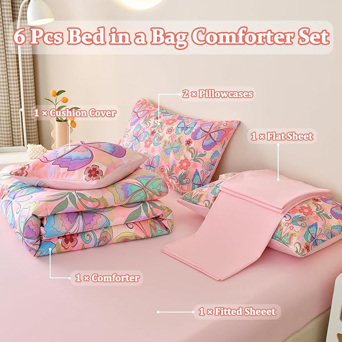 Butterfly Bedding Set Full, Pink Butterfly Comforter Set for Girls Kids Teens 6 pcs Bed in a Bag Full Bedding Sets for Girls - LeafyLoom