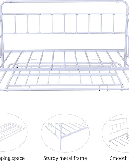 Twin Size Daybed W/Trundle,Metal Sofa Bed Frame with Heavy Duty Steel Slat Support,No Box Spring Needed,for Living Room Bedroom Guest Room,White - LeafyLoom