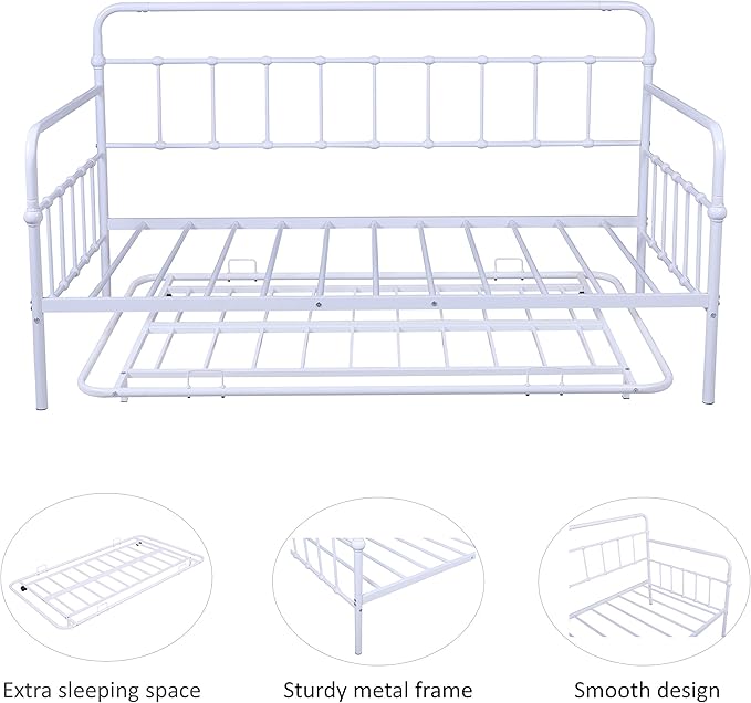 Twin Size Daybed W/Trundle,Metal Sofa Bed Frame with Heavy Duty Steel Slat Support,No Box Spring Needed,for Living Room Bedroom Guest Room,White - LeafyLoom