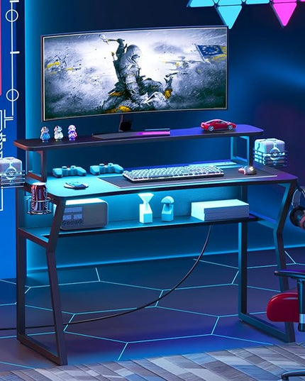 Gaming Desk with Power Outlet&Led Lights, Computer Desk with Monitor Stand and Open Shelf,Gamer Table Workstation with Cup Holder, Headphone Hook, 2 Speaker Stand for Home Office - LeafyLoom