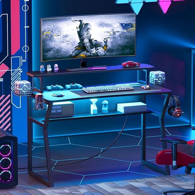 Gaming Desk with Power Outlet&Led Lights, Computer Desk with Monitor Stand and Open Shelf,Gamer Table Workstation with Cup Holder, Headphone Hook, 2 Speaker Stand for Home Office - LeafyLoom