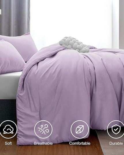 CozyLux Lavender Purple Comforter Set Queen Size, 3 Pieces Solid Breathable Quilted Boho Style Bedding Sets, Luxury Fluffy Soft Microfiber Comforter for All Season(1 Comforter & 2 Pillowcases) - LeafyLoom