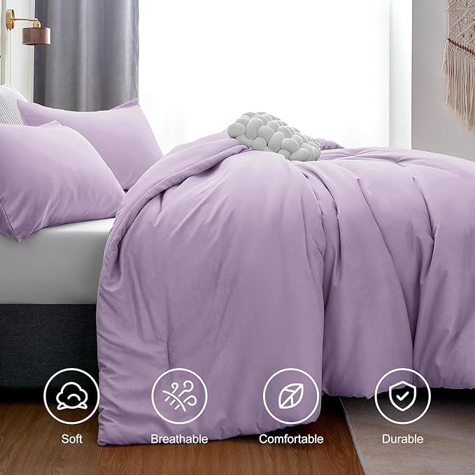 CozyLux Lavender Purple Comforter Set Full Size, 3 Pieces Solid Breathable Quilted Boho Style Bedding Sets, Luxury Fluffy Soft Microfiber Comforter for All Season(1 Comforter & 2 Pillowcases) - LeafyLoom
