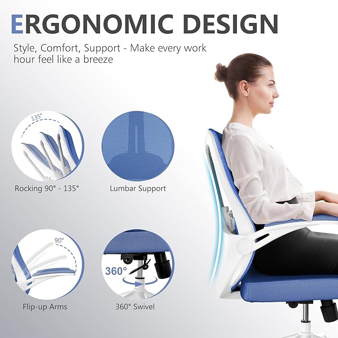 Office Chair with 350LBS Capacity, Ergonomic Comfort Home Desk Chair, Mid Back Gaming Chair with Wheels, Adjustable Height, Lumbar Support, Flip-up Armrest - LeafyLoom