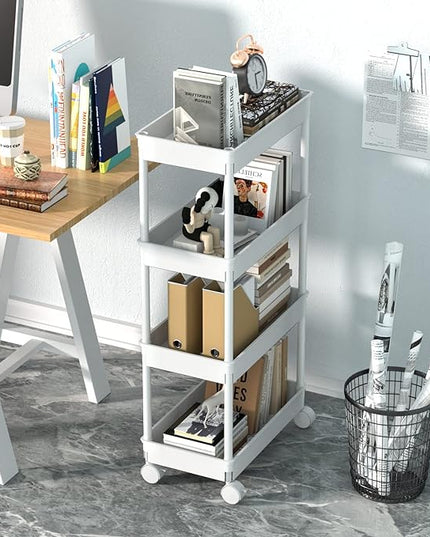 Sooyee 4 Tier Wide Storage Cart Mobile Shelving Unit Organizer Slide Out Storage Rolling Utility Cart Tower Rack for Kitchen Bathroom Laundry, Plastic & Stainless Steel,White - LeafyLoom
