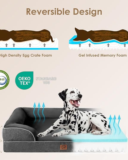 EHEYCIGA Orthopedic Dog Bed for Large Dogs, Waterproof Memory Foam with Sides, Non-Slip Bottom and Egg-Crate Foam Couch Bed with Washable Removable Cover, Dark Grey EHEYCIGA