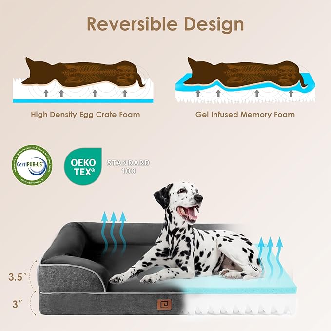 EHEYCIGA Orthopedic Dog Bed for Large Dogs, Waterproof Memory Foam with Sides, Non-Slip Bottom and Egg-Crate Foam Couch Bed with Washable Removable Cover, Dark Grey EHEYCIGA