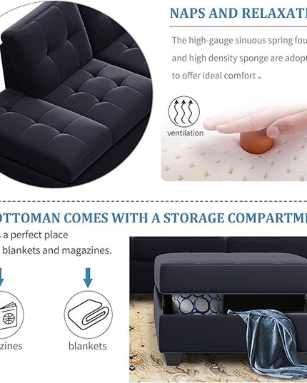 Modular Sectional Sofa for Living Room Furniture Sets, Reversible Chaise, Upholstered L-Shaped Sofa&Couch with Storage Ottoman & Cup Holders, 6 Seat Corner Couch, Black CupHolders - LeafyLoom