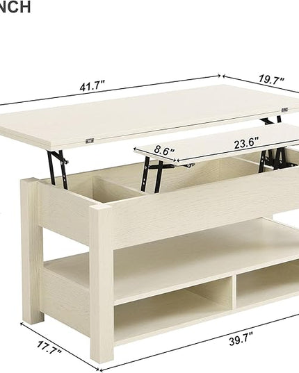 Lift Top Coffee Table, 3 in 1 Lift-Top Design Coffee Table with Open Shelves, Modern Center Tables for Living Room, Home, Office, Rustic Ivory - LeafyLoom