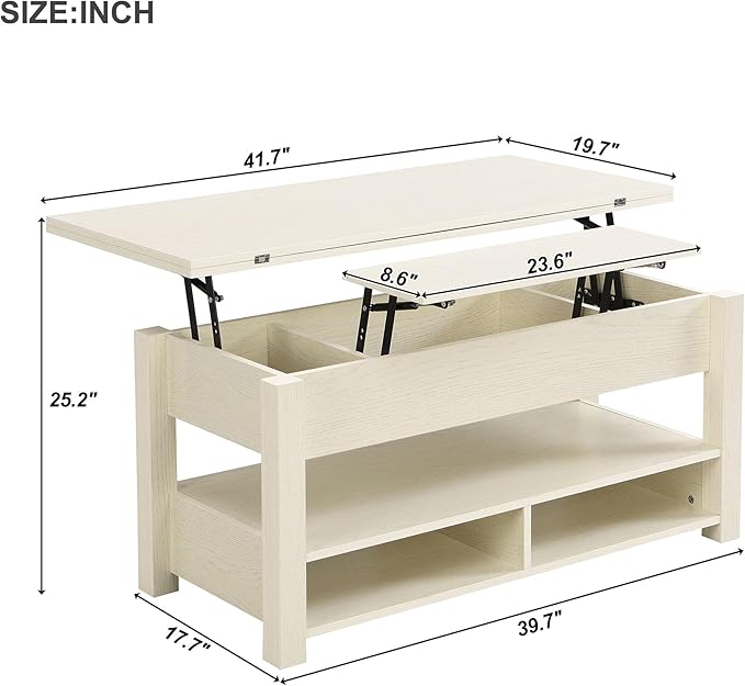 Lift Top Coffee Table, 3 in 1 Lift-Top Design Coffee Table with Open Shelves, Modern Center Tables for Living Room, Home, Office, Rustic Ivory - LeafyLoom