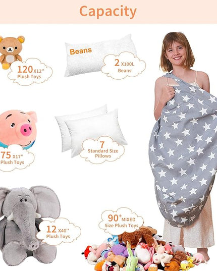 Aubliss Stuffed Animal Bean Bag Storage Chair, Beanbag Covers Only for Organizing Plush Toys, Turns into Bean Bag Seat for Kids When Filled, Large 38"-Canvas Stars Grey - LeafyLoom