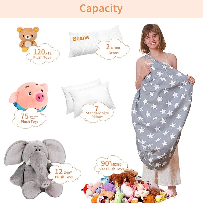 Aubliss Stuffed Animal Bean Bag Storage Chair, Beanbag Covers Only for Organizing Plush Toys, Turns into Bean Bag Seat for Kids When Filled, Large 38"-Canvas Stars Grey - LeafyLoom