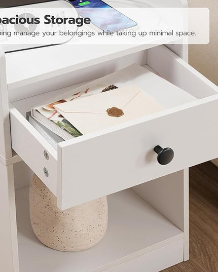HOOBRO Nightstand with Charging Station, End Table with Drawer and Opening Shelf, Side Table with USB Ports and Outlets, Bedside Table for Bedroom, Small Night Stand Simple Style, White WT18UBZ01 - LeafyLoom