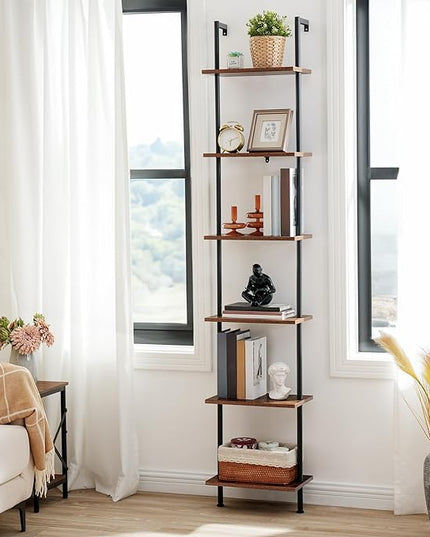 HOOBRO DIY Ladder Shelf, 6-Tier Wooden Wall Mounted Bookshelf, Narrow Bookcase, Display Shelf, Storage Rack, Plant Stand, for Living Room, Bedroom, Study, Balcony, Rustic Brown and Black BF651CJ01 - LeafyLoom