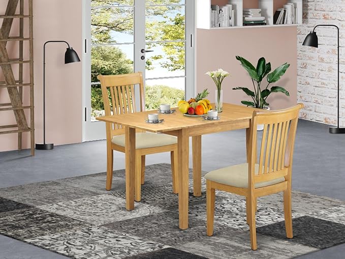 East West Furniture NDPO3-OAK-C Norden 3 Piece Modern Set Contains a Rectangle Wooden Table with Dropleaf and 2 Linen Fabric Kitchen Dining Chairs, 30x48 Inch, Oak - LeafyLoom