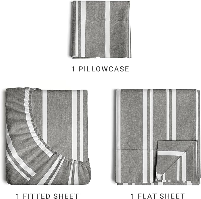 Twin XL Size 3 Piece Sheet Set - Comfy Breathable & Cooling Sheets - Hotel Luxury Bed Sheets for Women & Men - Deep Pockets, Easy-Fit, Soft & Wrinkle Free Sheets - Grey Stripes Oeko-Tex Bed Sheet Set - LeafyLoom