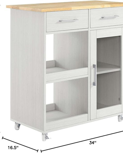 Modway Culinary Rolling Kitchen Cart with Storage in White Natural - 3 Tiers Kitchen Island on Wheels with Towel Bar, Functional as a Coffee Station, Bar Cabinet or Butcher Block Island - LeafyLoom