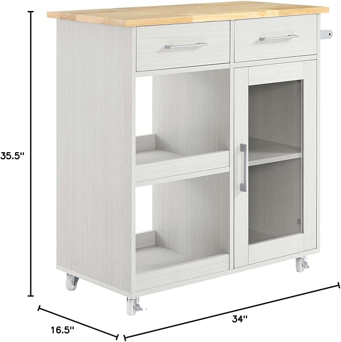 Modway Culinary Rolling Kitchen Cart with Storage in White Natural - 3 Tiers Kitchen Island on Wheels with Towel Bar, Functional as a Coffee Station, Bar Cabinet or Butcher Block Island - LeafyLoom