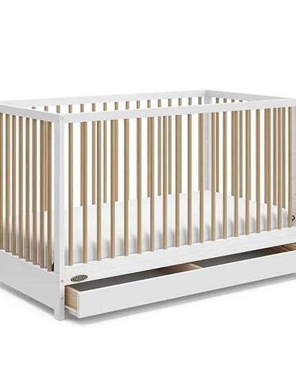 Graco Teddi 5-in-1 Convertible Crib with Drawer (White with Driftwood) – GREENGUARD Gold Certified, Crib with Drawer Combo, Full-Size Nursery Storage Drawer, Converts to Toddler Bed - LeafyLoom