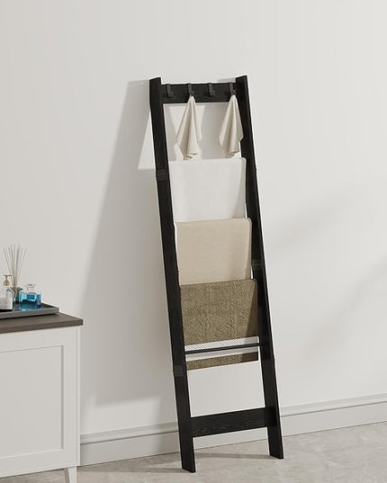 6 Tier Blanket Ladder Shelf for Living Room and Bedroom, Ladder Holder with 4 Metal Hooks, 5.2ft Blanket Quilt Holder Rack, Farmhouse Ladder Rack for Storage and Home Decor, Black - LeafyLoom
