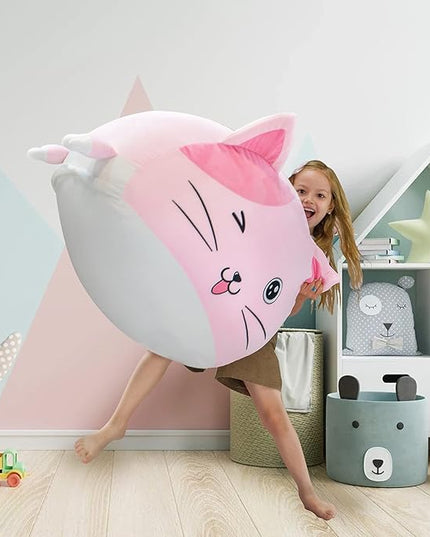 Cute Cat Bean Bag Chair for Kids, Pink Stuffed Animal Storage Beanbag Chairs for Girls Room Decor, Extra Large Size, Velvet Super Soft Cover Only - LeafyLoom