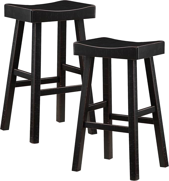 Lexicon Saddle Bar Stools Set of 2 Barstools with Footrest, Armless Dining Chairs for Kitchen Island, Breakfast Nook, Living Room, Pub Height, Black - LeafyLoom