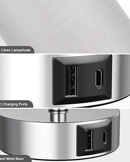 Grey Table Bedside Lamp for Bedroom Nightstand - Small Silver Lamp with USB A + C Charging Port, 3 Color Temperatures Pull Chain Night Stand Light with Bulb, Side Table Desk Lamp for Living Room - LeafyLoom