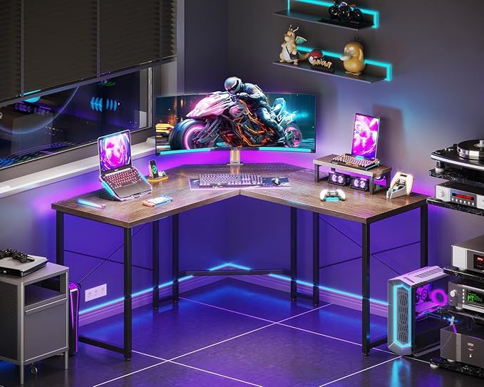 Casaottima L Shaped Gaming Desk with Monitor Stand, Corner Desk Gaming Table for Home Office, Computer Desk Sturdy Writing Workstation for Small Space, 51 inch, Grey Oak - LeafyLoom