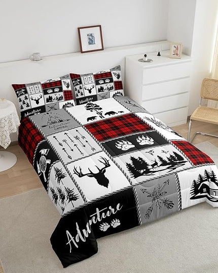 Deer Antlers Comforter Set Queen Size,Bear Paws Pine Trees Xmas Bedding Set for Kids Boys Girls Adults Room Decor,Lattices Patchwork Rustic Farmhouse Down Comforter,Red Duvet Insert,2 Pillowcases - LeafyLoom