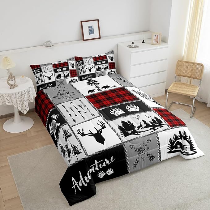 Deer Antlers Comforter Set Queen Size,Bear Paws Pine Trees Xmas Bedding Set for Kids Boys Girls Adults Room Decor,Lattices Patchwork Rustic Farmhouse Down Comforter,Red Duvet Insert,2 Pillowcases - LeafyLoom
