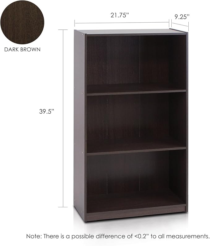 Furinno Basic 3-Tier Bookcase Storage Shelves, Dark Brown - LeafyLoom