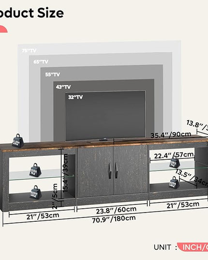 Bestier 70 Inch Led TV Stand for 75 Inch TV Large Entertainment Center Gaming with Adjustable Glass Shelves Two Cabinets Modern TV Console for Living Room 22 RGB Modes, Golden Black - LeafyLoom