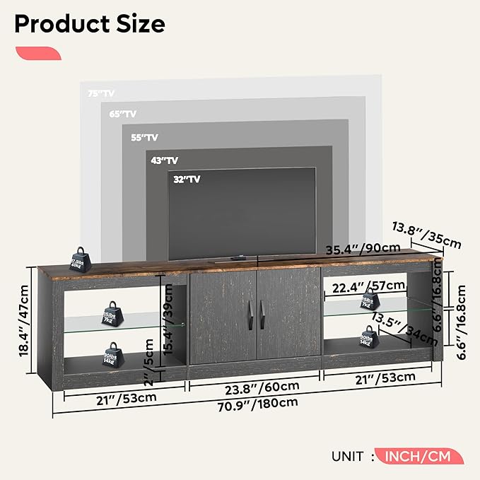 Bestier 70 Inch Led TV Stand for 75 Inch TV Large Entertainment Center Gaming with Adjustable Glass Shelves Two Cabinets Modern TV Console for Living Room 22 RGB Modes, Golden Black - LeafyLoom