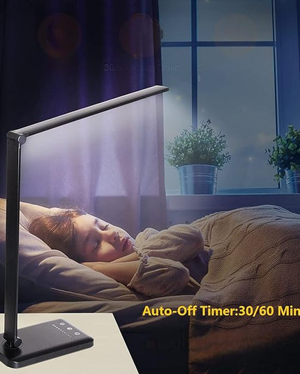 LED Desk Lamp Dimmable Table Reading Lamp with USB Charging Port, 5 Lighting Modes, Sensitive Control, 30/60 Minutes Auto-Off Timer, Eye-Caring Office Lamp (Black) - LeafyLoom