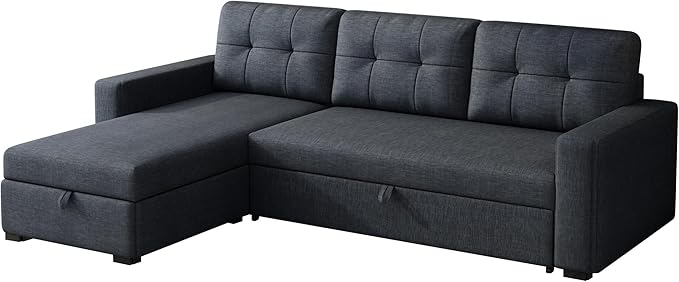 Pull Out Sofa Bed with Storage Chaise,L-Shape Sectional Corner Couch W/ 3 Back Cushions,Upholstered Convertible Sleeper for Apartment Dorm Living Room, Gray, 81.5", Dark Gray2 - LeafyLoom