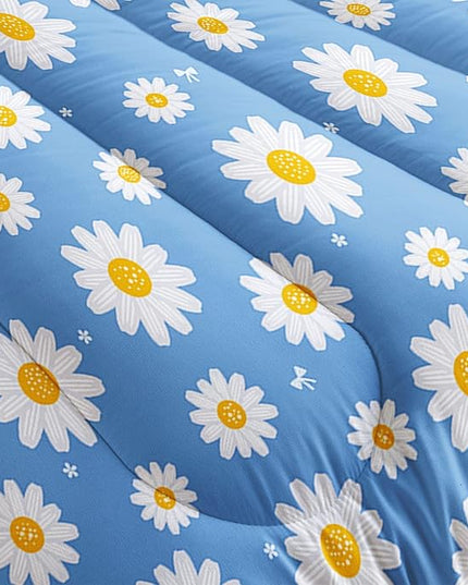 Datura home Flower Comforter Set Blue Daisy Floral Printed Pattern Quilt Bedding with 1 and 2 Pillowcases for Girls Women Bedroom All Season(Blue Full) Full 80x90inches - LeafyLoom