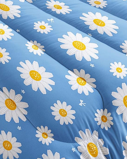 Datura home Flower Comforter Set Blue Daisy Floral Printed Pattern Quilt Bedding with 1 and 2 Pillowcases for Girls Women Bedroom All Season(Blue Queen) Queen 90x90inches - LeafyLoom