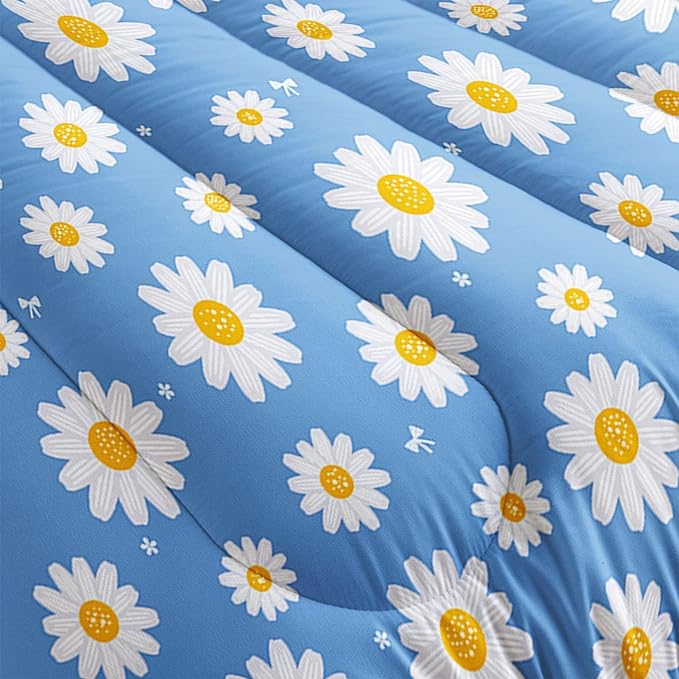 Datura home Flower Comforter Set Blue Daisy Floral Printed Pattern Quilt Bedding with 1 and 2 Pillowcases for Girls Women Bedroom All Season(Blue Queen) Queen 90x90inches - LeafyLoom