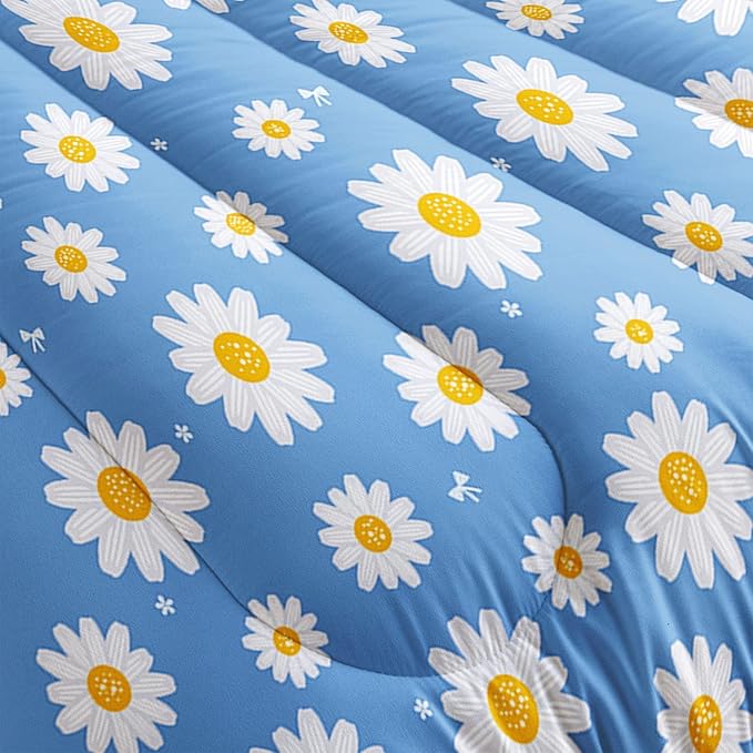 Datura home Flower Comforter Set Blue Daisy Floral Printed Pattern Quilt Bedding with 1 and 2 Pillowcases for Girls Women Bedroom All Season(Blue Twin) Twin 68x86inches - LeafyLoom