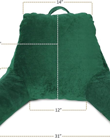 Clara Clark Reading Pillow, Standard Back Pillow for Sitting Up in Bed, Memory Foam Back Support Pillow, Reading Pillows for Sitting in Bed, Dark Green Sit Up Pillow for Bed, Arm Pillow with Pockets - LeafyLoom