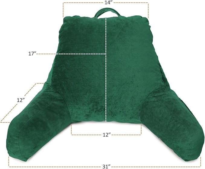 Clara Clark Reading Pillow, Standard Back Pillow for Sitting Up in Bed, Memory Foam Back Support Pillow, Reading Pillows for Sitting in Bed, Dark Green Sit Up Pillow for Bed, Arm Pillow with Pockets - LeafyLoom